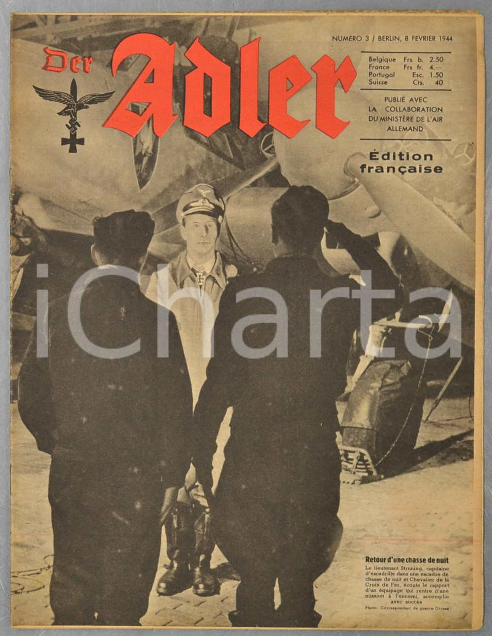 1944 WW2 DER ADLER Jeunesse hitlerienne au ski - Film "Große Freiheit Nr. 7"  Rivista d'epoca, riccamente illustrata b/n.Si tratta dell'edizione francese della rivista dell'aviazione della Germania nazista.8 Febbraio 1944, n&deg; 3CONDIZIONI: G (ma tracce d'uso)FORMATO: 24x31 cmPAGINE: 22    originale e autentica 1