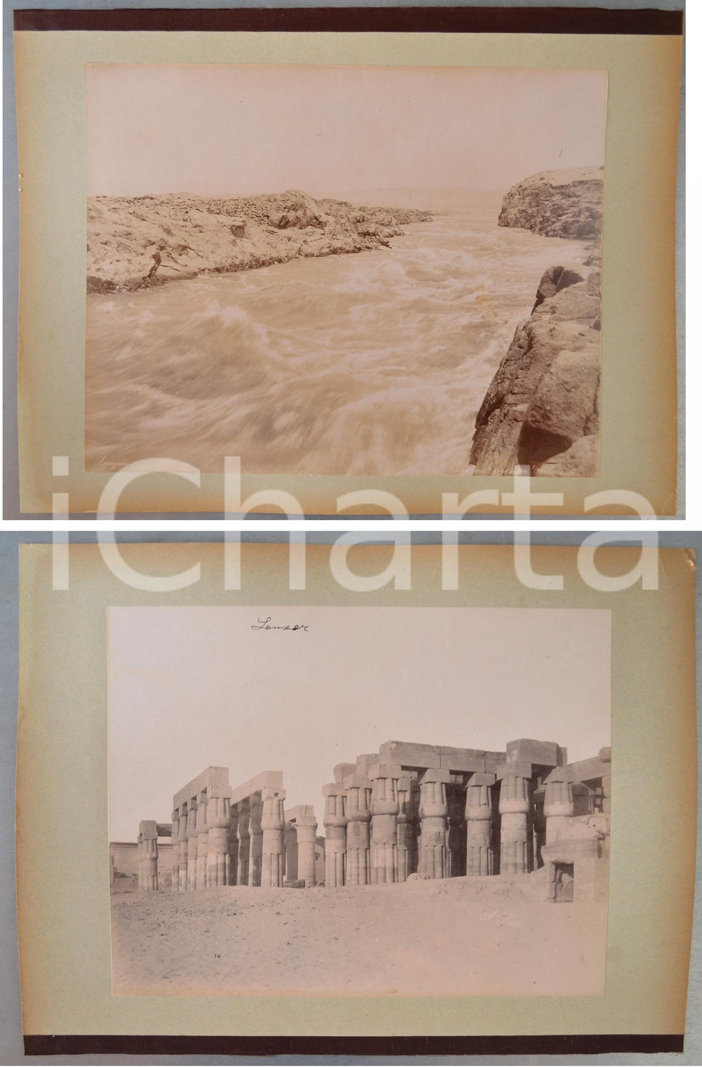 1880 ca EGYPT - Adelphoi ZANGAKI Assouan - Antonio BEATO Luxor *2 photos Coppia di fotografie originali d'epoca, stampate all'albumina e montate sui due lati di un cartoncino rigido (telato a un margine).Le fotografie recano didascalia, numero e firma al negativo. La prima &egrave; di Zangaki, la seconda di Beato.FOTOGRAFO: George e Constantinos Zangakis (Adelphoi Zangaki) - Antonio BeatoCONDIZIONI: G FORMATO: 35x27 cm (cartoncino); 22x28 cm (fotografie)    originale e autentica 1
