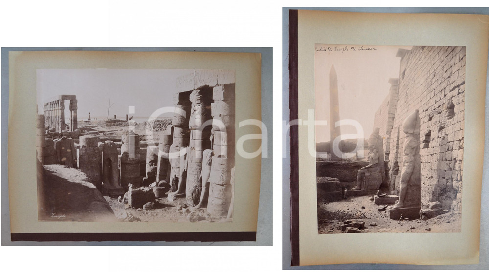 1880 ca EGYPTE - Adelphoi ZANGAKI - LUXOR Temple et statues - 2 photos ANIMEES Coppia di fotografie originali d'epoca, stampate all'albumina e montate sui due lati di un cartoncino rigido (telato a un margine).Le fotografie recano didascalia, numero e firma al negativo. Didascalie originali: - "n&deg; 954 Statues d&eacute;couvertes &agrave; Louqsor"- " Entr&eacute;e du Temple de Louxor"FOTOGRAFO: George e Constantinos Zangakis (Adelphoi Zangaki)CONDIZIONI: G FORMATO: 35x27 cm (cartoncino); 22x28 cm (fotografie)    originale e autentica 1