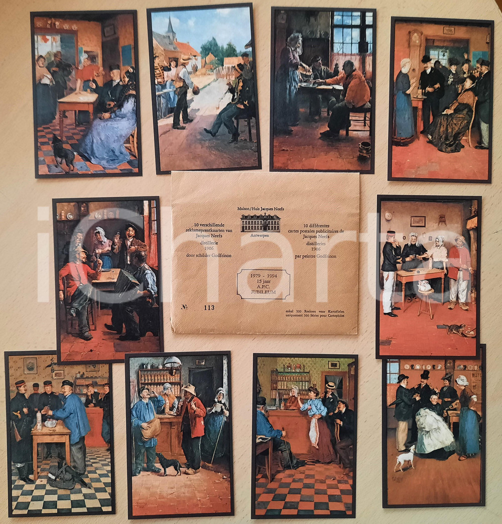 1994 ANTWERPEN 15 jaar A.P.C. Jubileum - Jacques NEEFS 10 postcards GODFRINON  Lotto di 10 cartoline pubblicitarie, ristampe anastatiche delle originali realizzate dal pittore Godfrinon per le distillerie Jacques Neefs di Anversa.Edizione limitata e numerata (n&deg;113).Busta originale. GOOD/buono  Formato: 10x14 cm originale e autentica 1