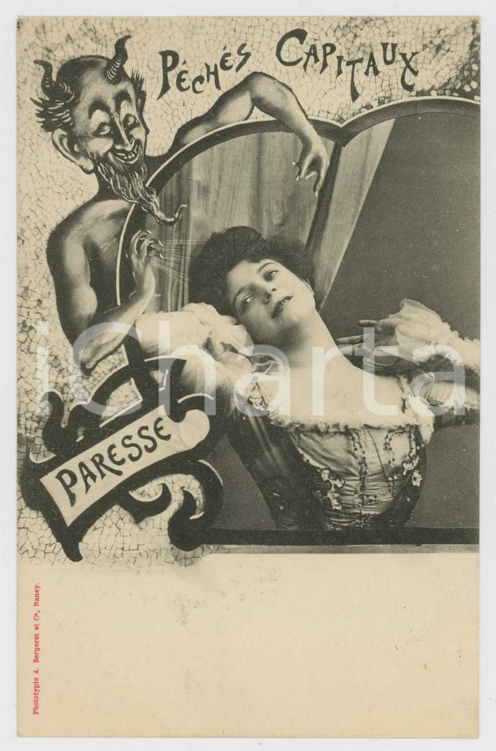 1900 ca FRANCE - PÃ©chÃ©s Capitaux -  Paresse - Postcard CPA A. Bergeret Cartolina postale originale d'epoca, non viaggiata.EDITORE: A. Bergeret - Nancy GOOD/buono  Formato: 9x14 cm originale e autentica 1