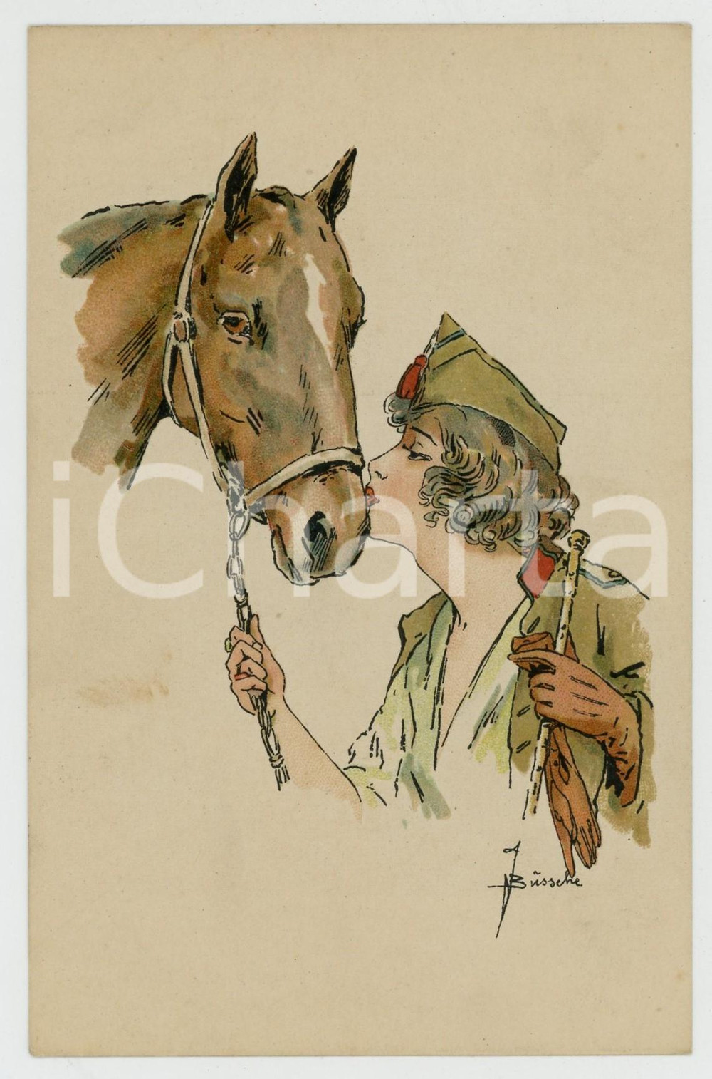 Cartolina originale da collezione 1920 ca BELGIQUE Artiste J. BUSSCHE  Femme soldat avec cheval 2 Carte postale 1