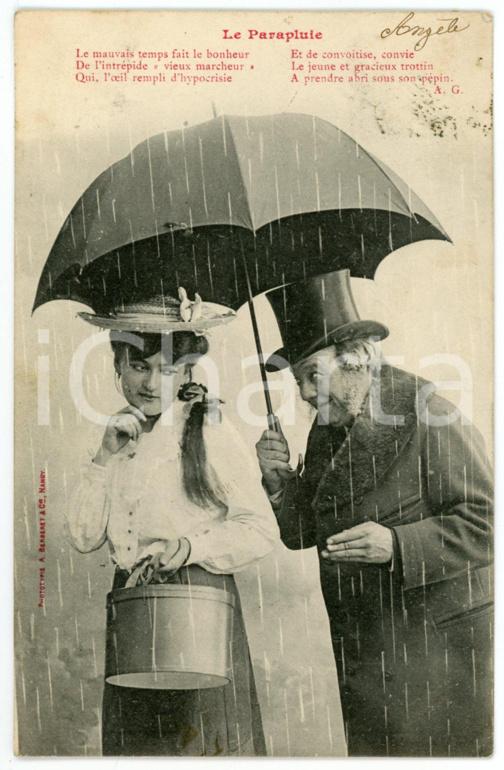 1903 FRANCE HUMOUR Le Parapluie - Vieux marcheur - Postcard A. BERGERET CPA  Cartolina postale d'epoca, viaggiata.EDITORE: A. Bergeret - Nancy GOOD/buono piccola impressione di inchiostro al verso Formato: 9x14 cm originale e autentica 1