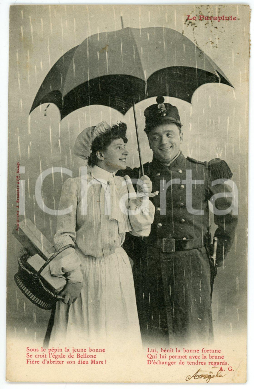 1903 FRANCE HUMOUR Le Parapluie - La jeune bonne - Postcard A. BERGERET CPA  Cartolina postale d'epoca, viaggiata.EDITORE: A. Bergeret - Nancy FAIR/discreto lievi macchie e piccola piegatura angolare Formato: 9x14 cm originale e autentica 1