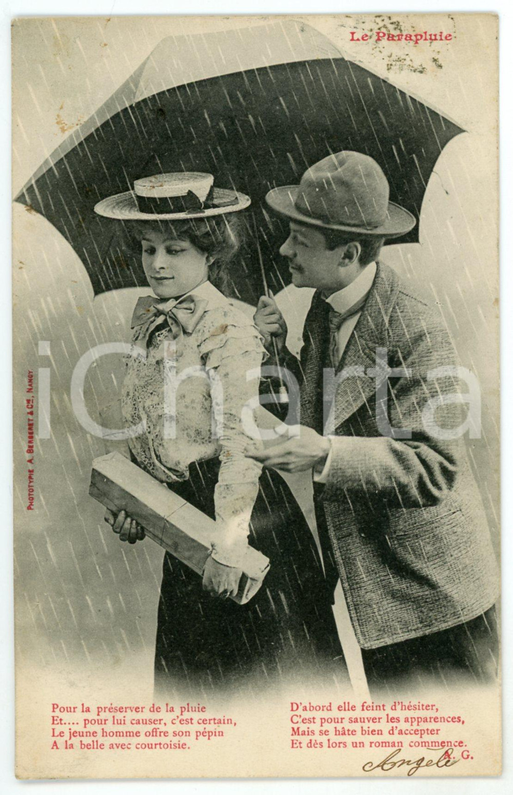 1903 FRANCE HUMOUR Le Parapluie - Le jeune homme - Postcard A. BERGERET CPA  Cartolina postale d'epoca, viaggiata.EDITORE: A. Bergeret - Nancy FAIR/discreto piccola impressione di inchiostro al verso; lievi macchie Formato: 9x14 cm originale e autentica 1