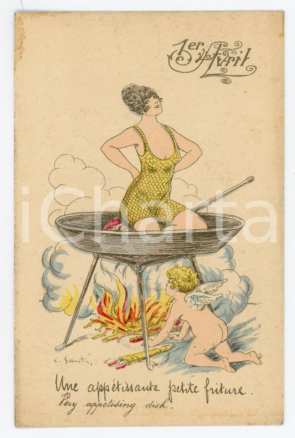 1910ca FRANCE COSTUMES 1er AVRIL Une appetissante petite friture - Carte postale  Cartolina d'epoca, viaggiata.CONDIZIONI: POOR (bruniture e aloni diffusi)FORMATO: FP    originale e autentica 1