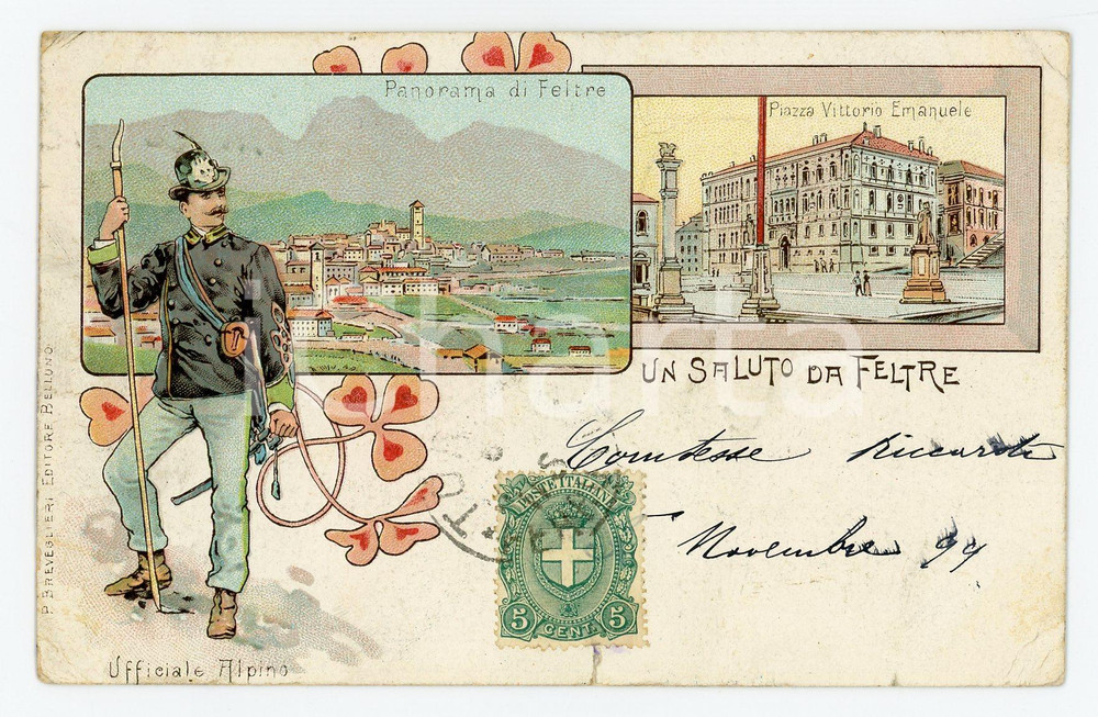 1900 ca FELTRE (BL) Ufficiale Alpino e Piazza Vittorio Emanuele - Cartolina FP  Cartolina postale d'epoca, viaggiata.CONDIZIONI: POOR (strappo al margine inferiore)FORMATO: FP    originale e autentica 1