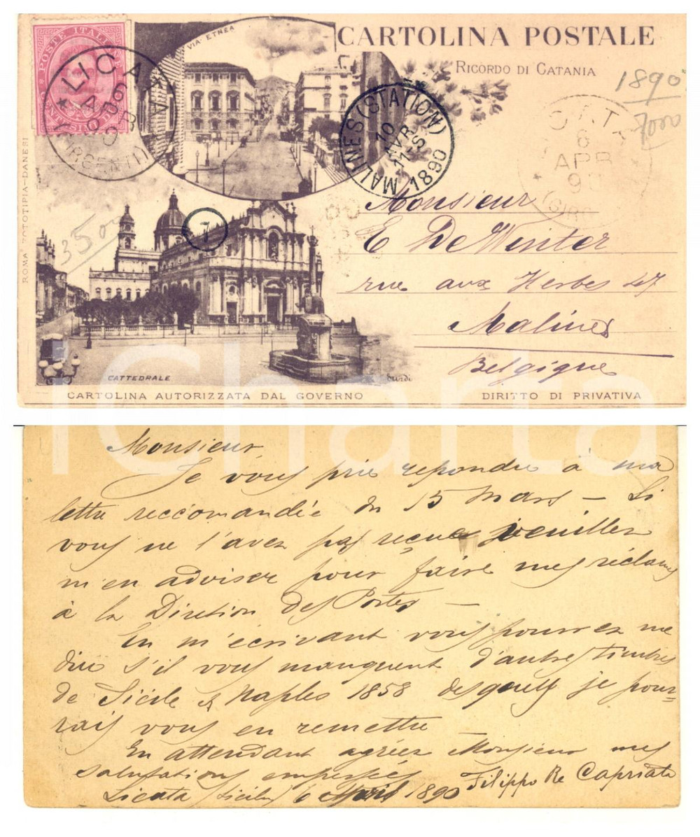 1890 CATANIA Cattedrale / Via Etnea *Cartolina autografo Filippo RE CAPRIATA  Rara e pregevole cartolina postale d'epoca, illustrata, viaggiata.Messaggio autografo del fisico Filippo Re Capriata relativo a un ammanco di francobolli.CONDIZIONI: GFORMATO: 14x8 cm    originale e autentica 1