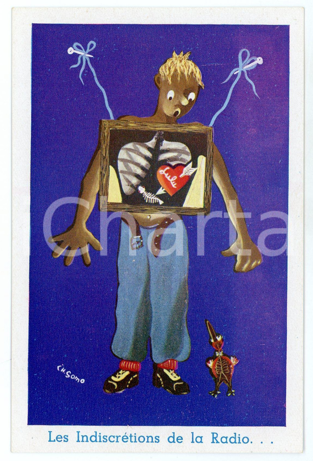 Cartolina originale da collezione 1955 FRANCE COSTUMES Les indiscrÃ©tions de la Radio  Ill. CH. SOMO Carte postale 1