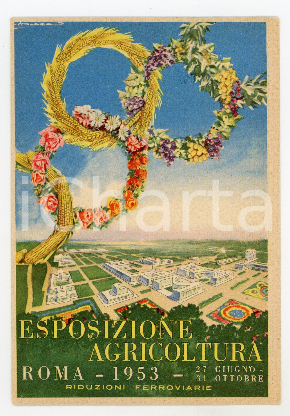 1953 ROMA Esposizione Agricoltura - Illustrazione HOLZER Cartolina con annullo  Cartolina d'epoca, non viaggiata ma con annullo filatelico. CONDIZIONI: FAIRFORMATO: FG    originale e autentica 1