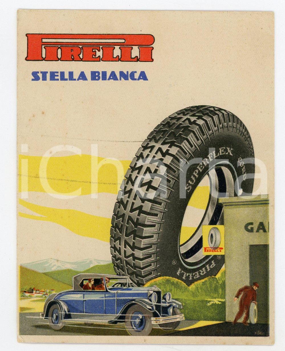 1940 ca Pneumatici PIRELLI Stella bianca - Cartoncino pubblicitario 11x14 cm  Cartoncino illustrato a colori, con messaggio pubblicitario in lingua francese al verso.CONDIZIONI: FAIR (lievi fioriture, minima smussatura angolare e tracce a matita al recto)FORMATO: 11,5x14,5 cm    originale e autentica 1