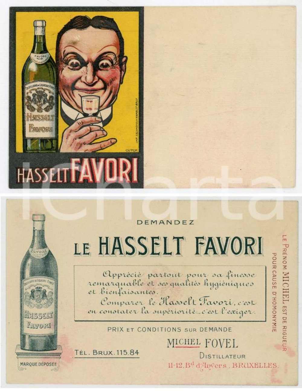 1910 ca HASSELT FAVORI Distillateur Michel FOVEL Cartoncino pubblicitario 14x9  Cartoncino pubblicitario d'epoca, originale e autentico.CONDIZIONI: FAIRFORMATO: 14x9cm    originale e autentica 1