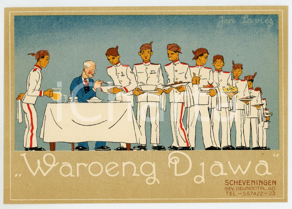 1930ca SCHEVENINGEN (NL) Waroeng Djawa - Illustration by Jan LAVIES Postcard FG  Cartolina postale d'epoca, non viaggiata.CONDIZIONI: FAIRFORMATO: FG    originale e autentica 1