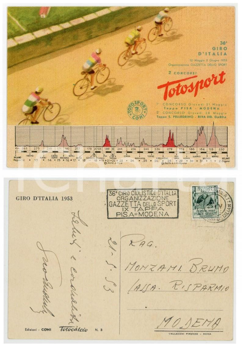 1953 TOTOSPORT 36Â° Giro d'Italia - Cartolina con annullo IX Tappa PISA - MODENA  Cartolina postale d'epoca, viaggiata.CONDIZIONI: fairFORMATO: FG     originale e autentica 1