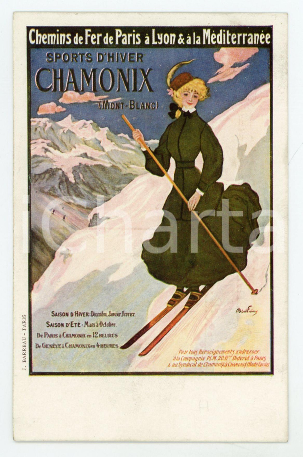 1910 ca Abel FAIVRE - Chemin de Fer PLM - Sports d'Hiver CHAMONIX Carte Postale  Pregevole cartolina postale pubblicitaria d'epoca, illustrata a colori, non viaggiata.CONDIZIONI: GFORMATO: FP    originale e autentica 1