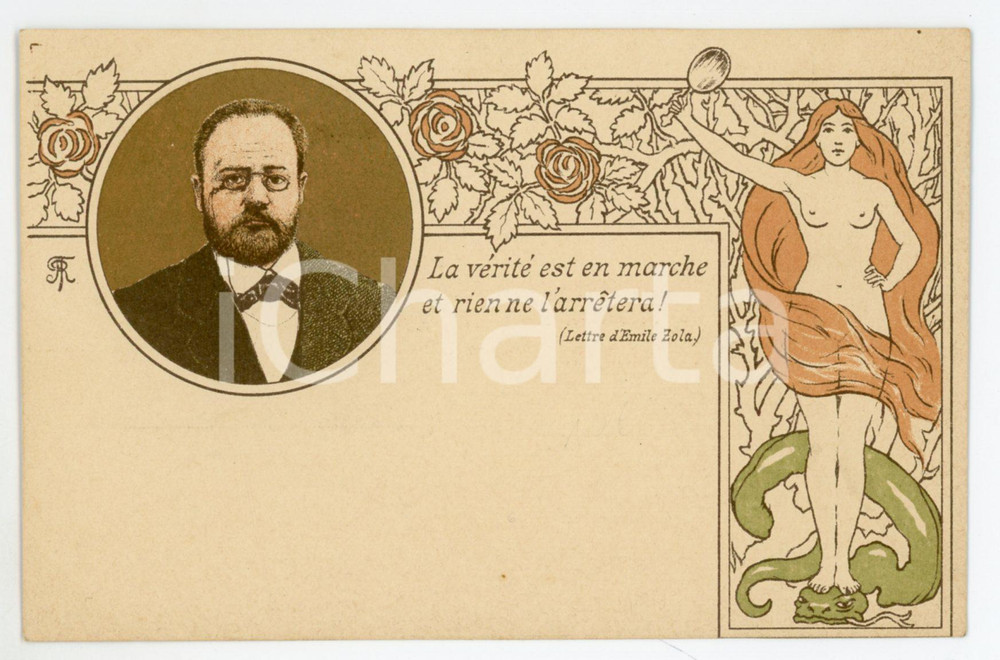 1900 ca FRANCE Affaire DREYFUS - Carte postale "La verité est en marche" ZOLA  Pregevole cartolina postale d'epoca, illustrata a colori e dorata, non viaggiata.CONDIZIONI: G FORMATO: FP    originale e autentica 1