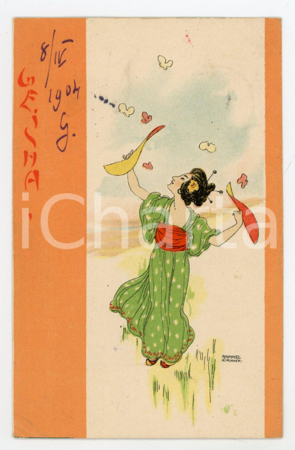 1904 ART NOUVEAU Raphael KIRCHNER - Geisha - I - Woman dancing *Postcard orange  Cartolina postale d'epoca, opera dell'artista e illustratore Raphael Kirchner, viaggiata.CONDIZIONI: FAIR (lievi piegature angolari)FORMATO: FP    originale e autentica 1