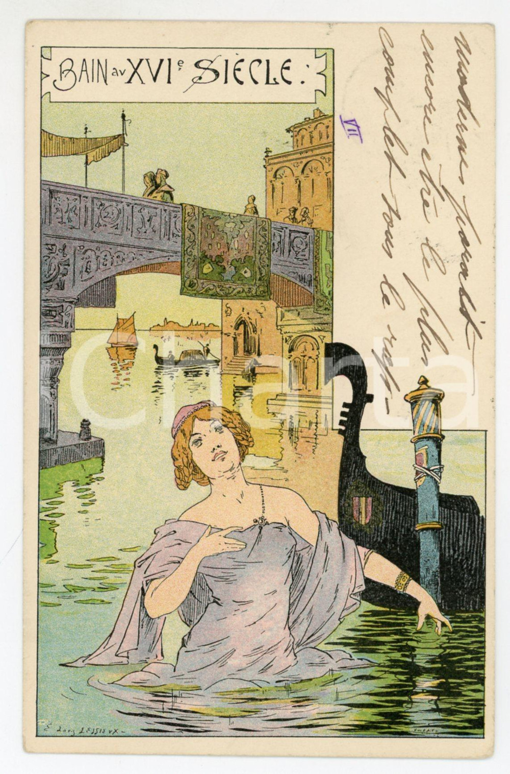 1901 VENEZIA Bain au XVI Siècle - Illustration by Ernest Louis LESSIEUX Postcard  Cartolina postale d'epoca, viaggiata.CONDIZIONI: FAIRFORMATO: FP    originale e autentica 1