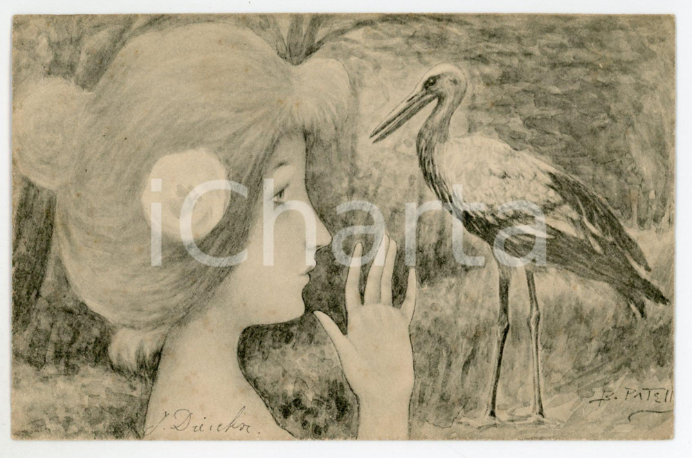 1904 ART NOUVEAU Illustratore B. PATELLA Donna con cicogna - Carte postale  Cartolina postale d'epoca, viaggiata.CONDIZIONI: FAIRFORMATO: FP    originale e autentica 1
