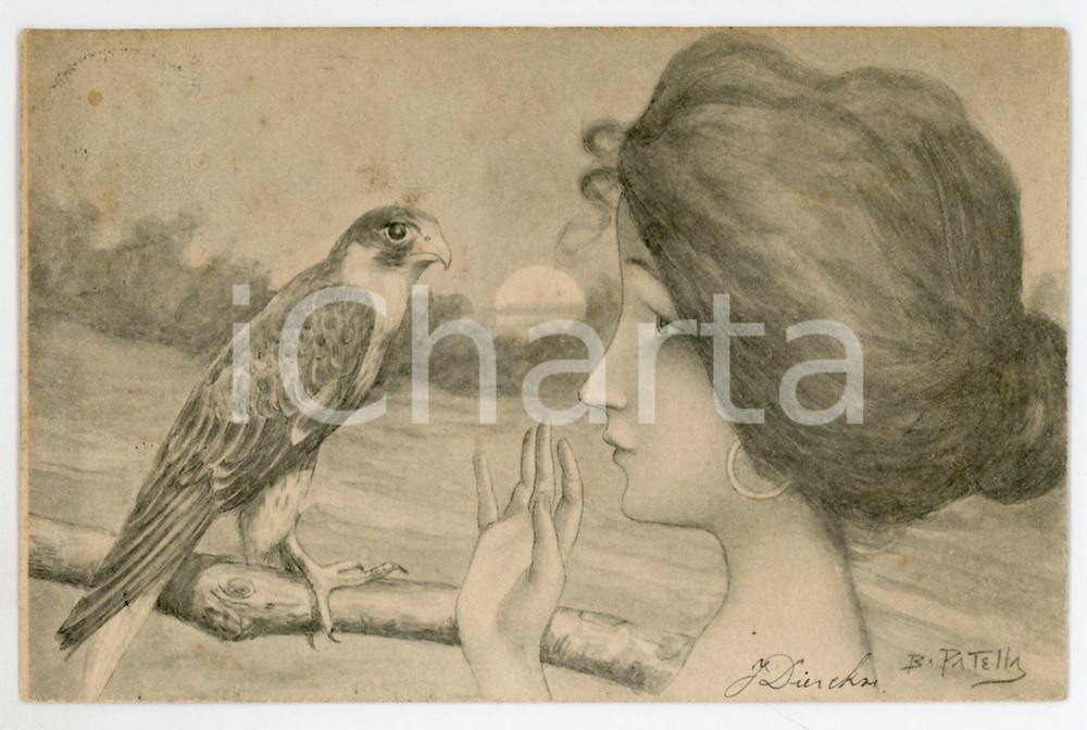 1900 ca ART NOUVEAU Illustratore B. PATELLA Donna con falco - Carte postale  Cartolina postale d'epoca, viaggiata.CONDIZIONI: FAIRFORMATO: FP    originale e autentica 1