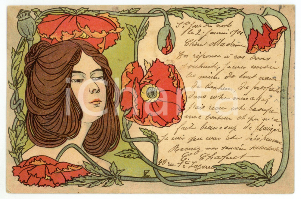1901 ART NOUVEAU Donna con papaveri - Cartolina ILLUSTRATA FP VG  Cartolina postale d'epoca, viaggiata.CONDIZIONI: FAIRFORMATO: FP    originale e autentica 1