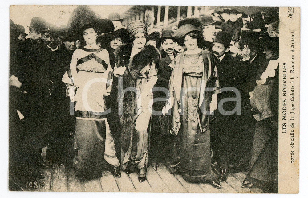 1911 FRANCE Les modes nouvelles - La Jupe-Culotte Ã  la RÃ©union d'Auteuil  Cartolina postale d'epoca, viaggiata. FAIR/discreto piegature angolari Formato: 14x9 cm originale e autentica 1
