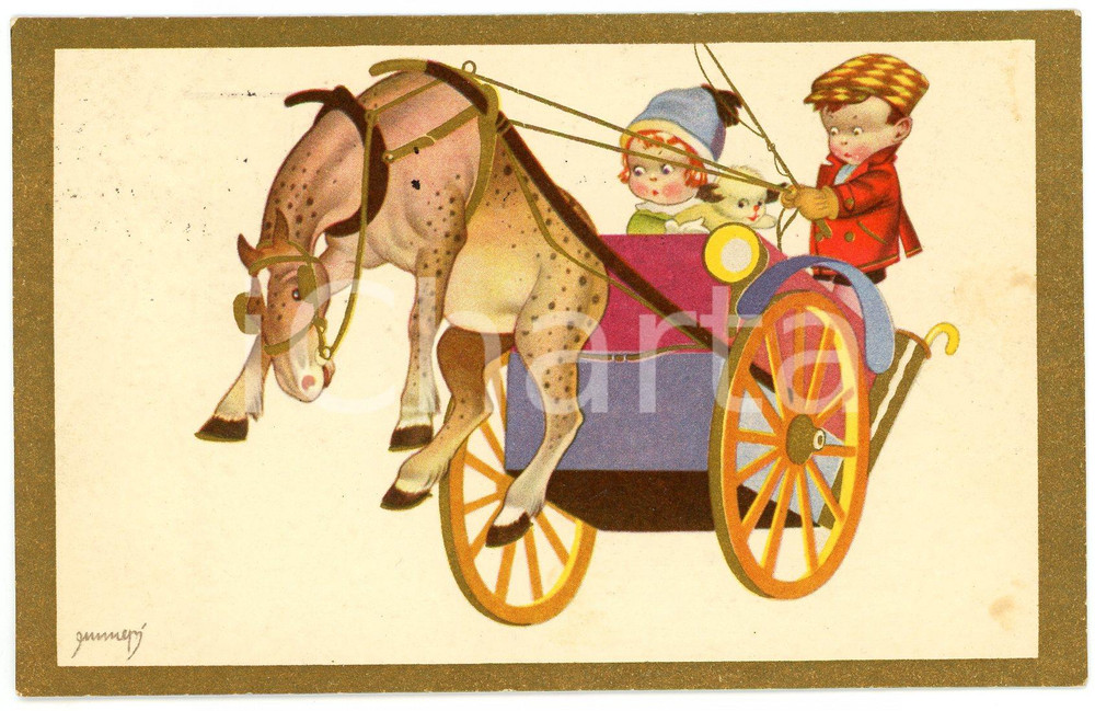 1931 CHILDREN Illustration by EMMEPÃŒ Children on a gig - Postcard FP VG Cartolina postale d'epoca, viaggiata.CONDIZIONI: FAIR FORMATO: FP    originale e autentica 1