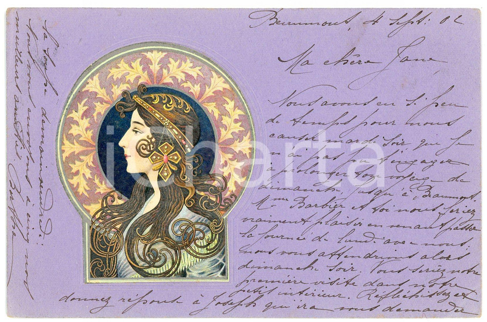 1902 ART NOUVEAU Alphonse MUCHA - Woman - Illustrated embossed postcard (1)  Cartolina postale d'epoca, illustrata, a rilievo, viaggiata.CONDIZIONI: GFORMATO: FP    originale e autentica 1