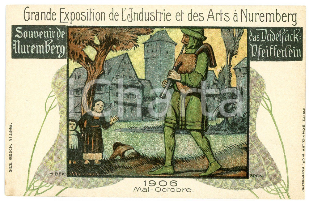1906 EXPO NUREMBERG Artist Hermann BEK-GRAN Das Dudelsack-Pfeifferlein *Postcard Cartolina postale d'epoca, non viaggiata.FORMATO: FPCONDIZIONI: G    originale e autentica 1