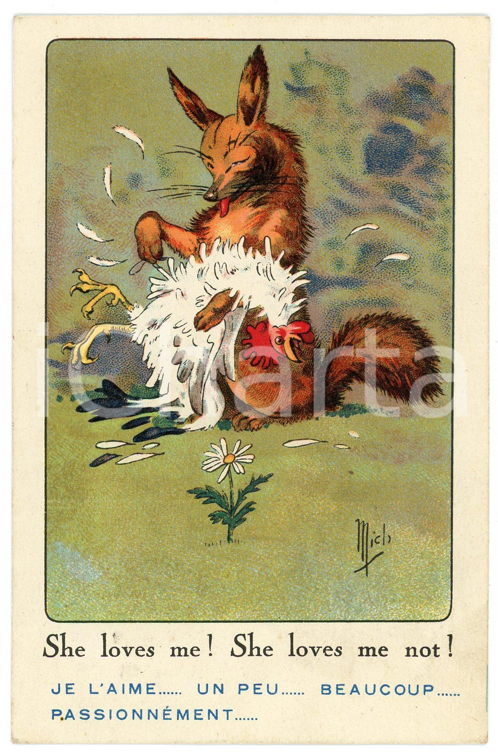 1923 ANIMALS OUR BROTHERS Fox and chicken She loves me! She love me not POSTCARD  Cartolina postale d'epoca, viaggiata.Illustrazione di Mich. EDITORE: Editions SID Paris - S&egrave;rie: Les animaux nos fr&egrave;res 7045 n.5CONDIZIONI: GOODFORMATO: FP    originale e autentica 1