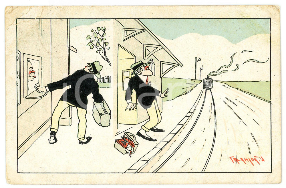 1926 UMORISMO Pendolare perde il treno - Cartolina ILLUSTRATA FP VG  Cartolina postale d'epoca, viaggiata.CONDIZIONI: POOR (PIEGATURE AGLI ANGOLI)FORMATO: FP    originale e autentica 1
