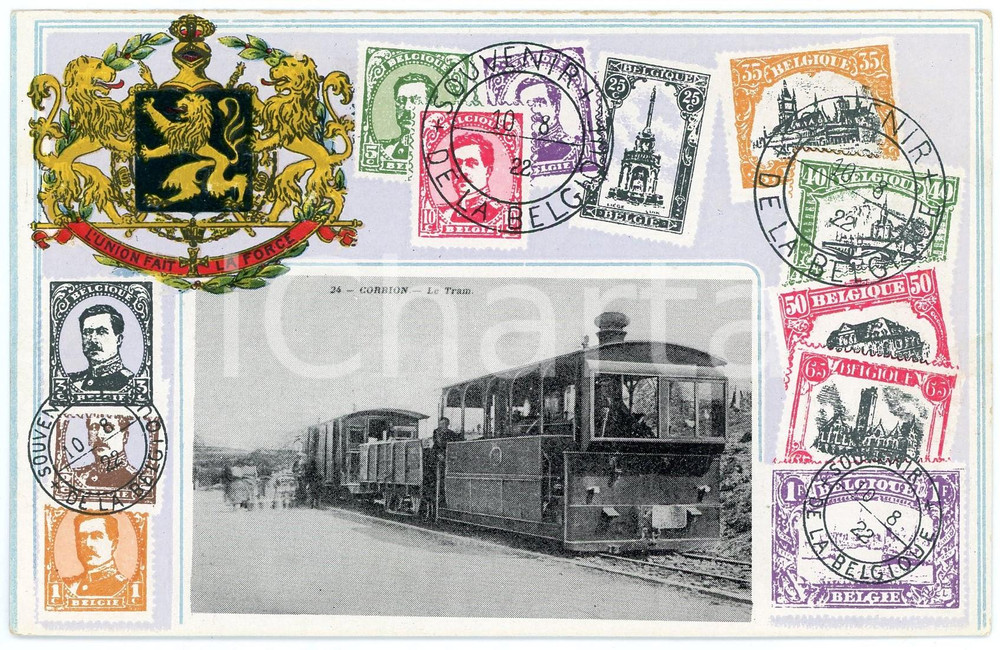 1922 BELGIQUE  - CORBION Le train  - Embossed postcard "L'Union fait la force" Cartolina postale d'epoca, non viaggiata, con timbro "Souvenir de la Belgique".FORMATO: FPCONDIZIONI: G    originale e autentica 1