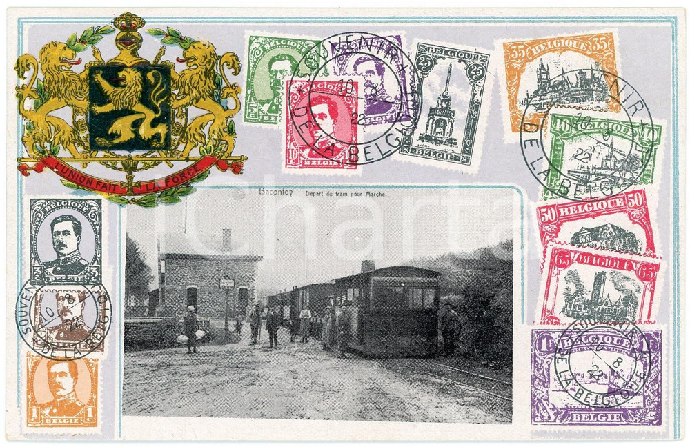 1922 BELGIQUE  - BACONFOY DÃ©part train pour Marche  - Embossed postcard Cartolina postale d'epoca, non viaggiata, con timbro "Souvenir de la Belgique".FORMATO: FPCONDIZIONI: G    originale e autentica 1