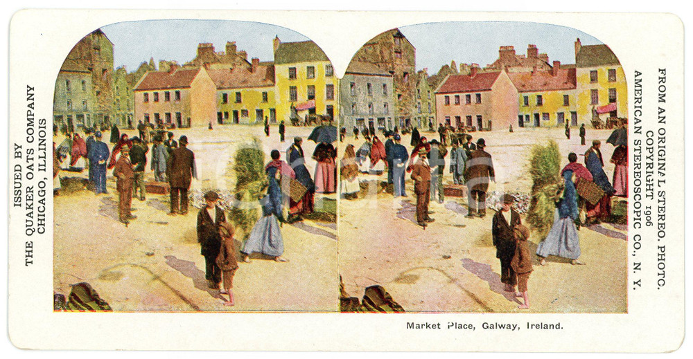 1906 GALWAY (IRELAND) Market Place - Coloured Vintage Stereoview Fotografia stereoscopica d'epoca, su cartoncino.FORMATO: 18x9 cmCONDIZIONI: GEDITORE: The Quaker Oats Company, Chicago    originale e autentica 1