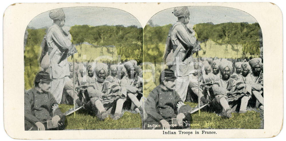 1905 ca FRANCE Indian Troops - Coloured Vintage Stereoview 9371 Fotografia stereoscopica d'epoca, su cartoncino.FORMATO: 18x9 cmCONDIZIONI: G (minime sbrecciature marginali)    originale e autentica 1