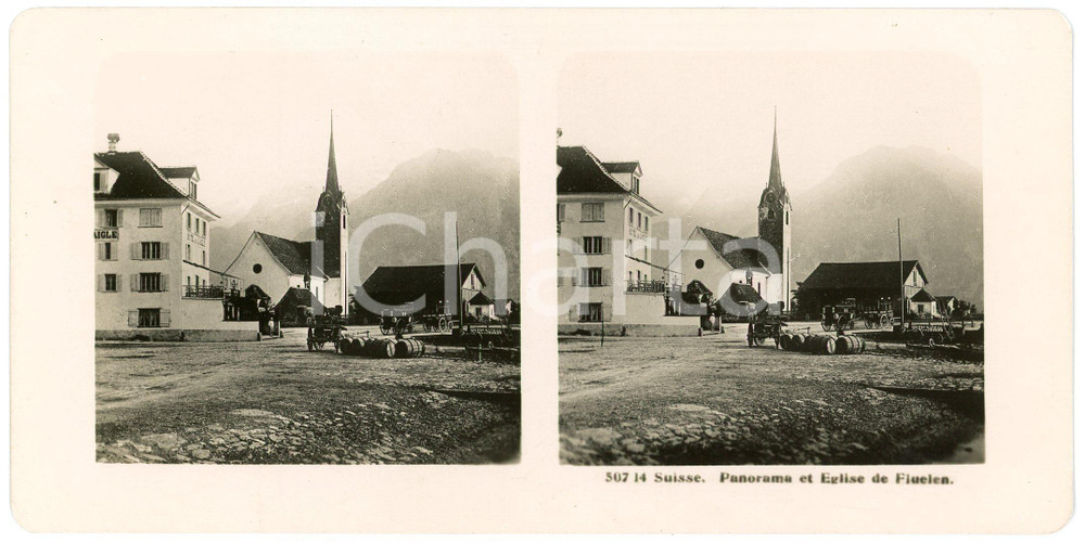 1910 ca FLUELEN (SUISSE) Panorama et Eglise - Stereoview ANIMATED carriages  Fotografia stereoscopica d'epoca.CONDIZIONI: G     originale e autentica 1