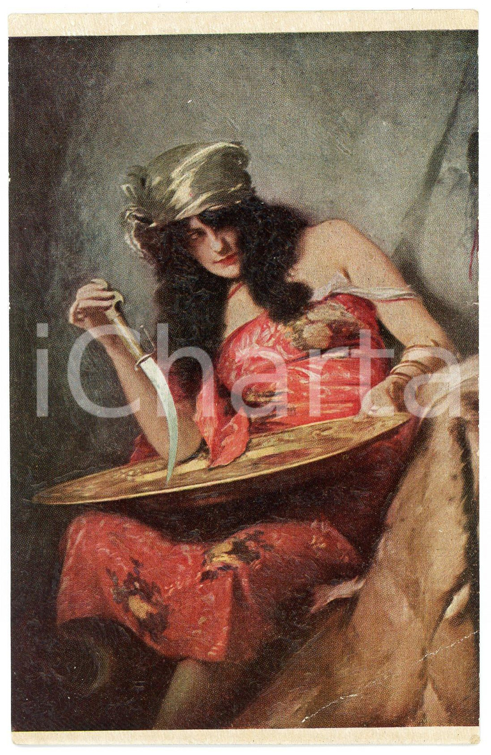 1910 ca COSTUMES Gypsy woman with knife - Embossed postcard - CARTE OLIO  Cartolina postale d'epoca, non viaggiata.CONDIZIONI: POOR (ampia piega all'angolo inferiore destro; lieve sbrecciatura al lato destro)FORMATO: FP    originale e autentica 1