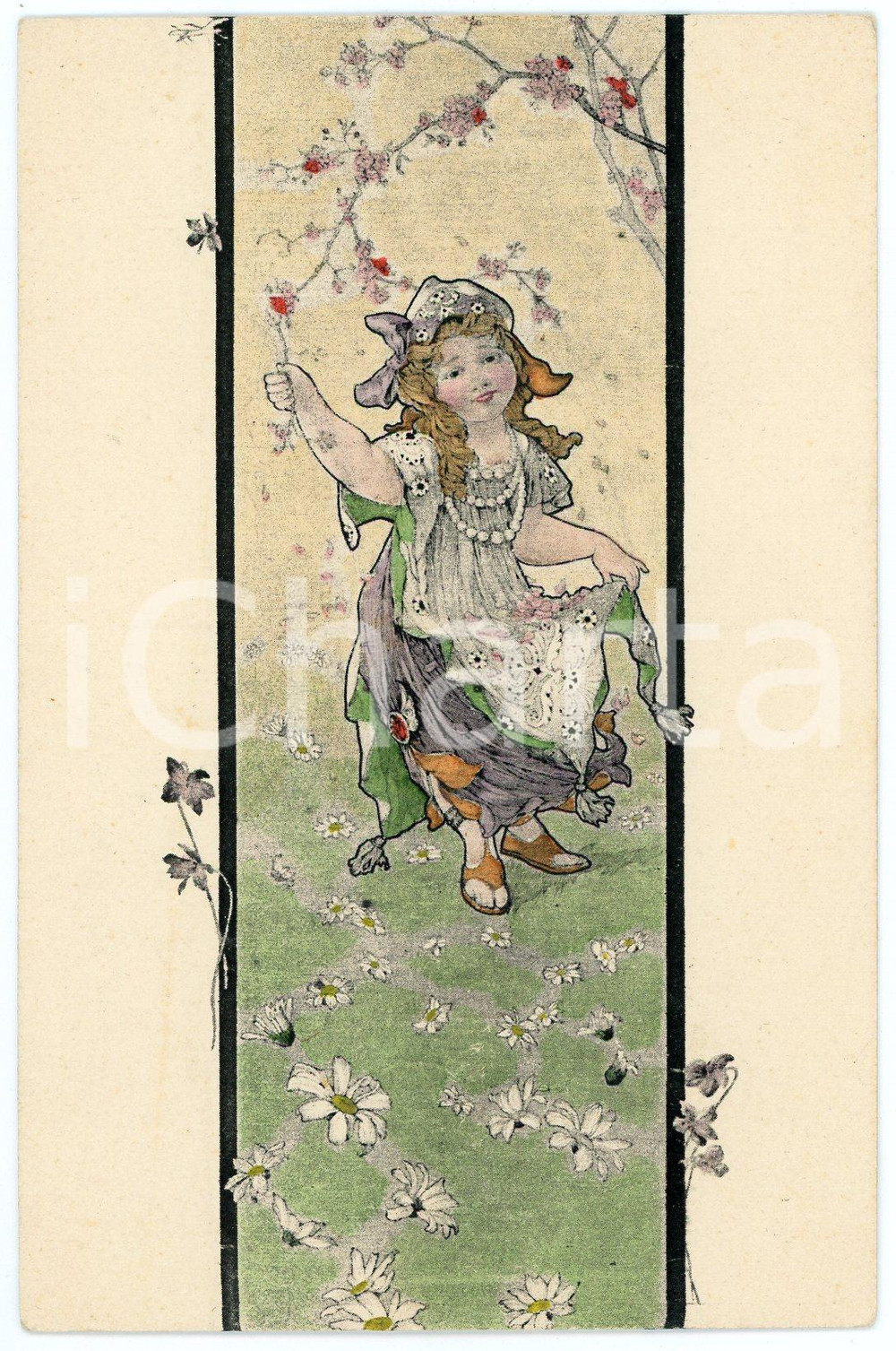 1910 ca CHILDREN Little gypsy girl with daisies and cherry blossoms - Postcard  Cartolina postale d'epoca, non viaggiata.Reca al verso un testo scritto probabilmente negli anni '70.CONDIZIONI: GFORMATO: FP    originale e autentica 1