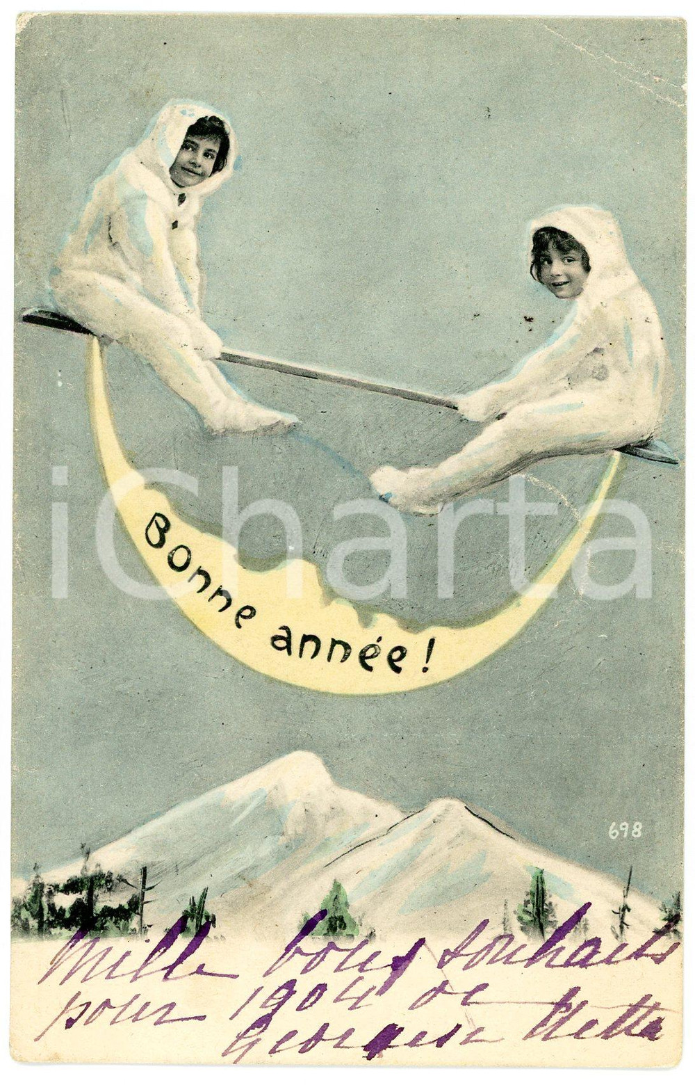 1903 BONNE ANNEE Children swinging on a swing moon - Vintage postcard  Cartolina postale d'epoca, viaggiata.CONDIZIONI: POOR (piegature angolari e al lato destro)FORMATO: FP    originale e autentica 1