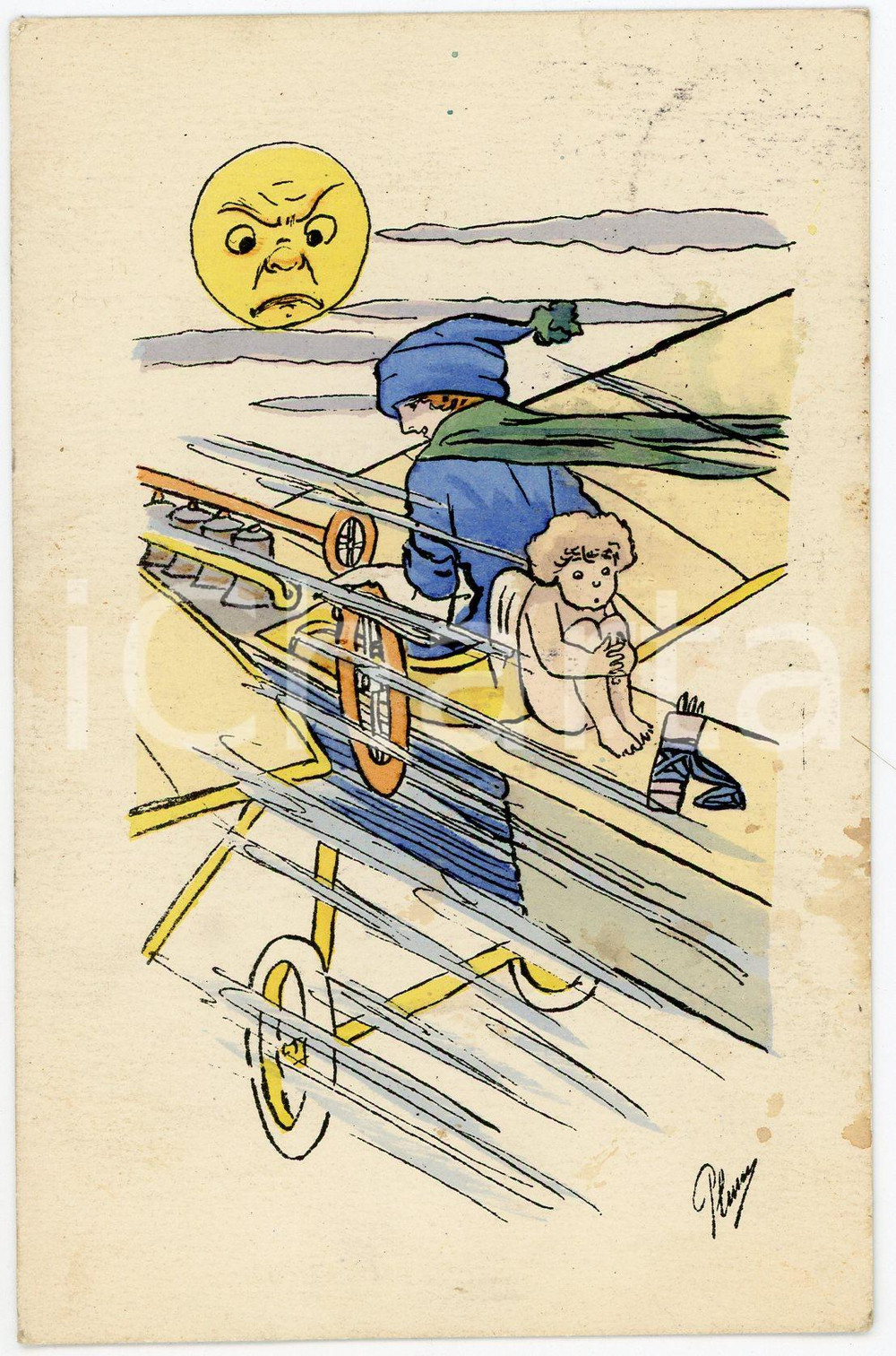 1911 HUMOUR Moon with aviator and Cupid flying on an airplan - Old postcard  Cartolina postale d'epoca, viaggiata.CONDIZIONI: F (macchie al recto)FORMATO: FP    originale e autentica 1