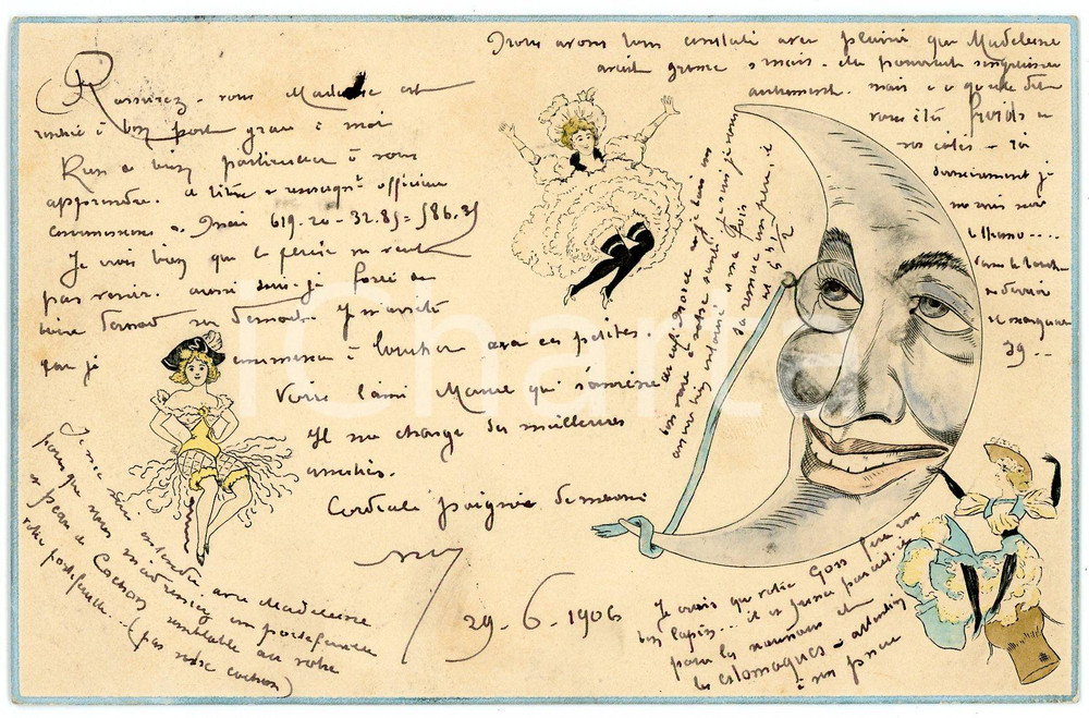 1906 HUMOUR Can Can dancers and moon with monocle - Embossed vintage postcard  Cartolina postale d'epoca, viaggiata.CONDIZIONI: GFORMATO: FP    originale e autentica 1