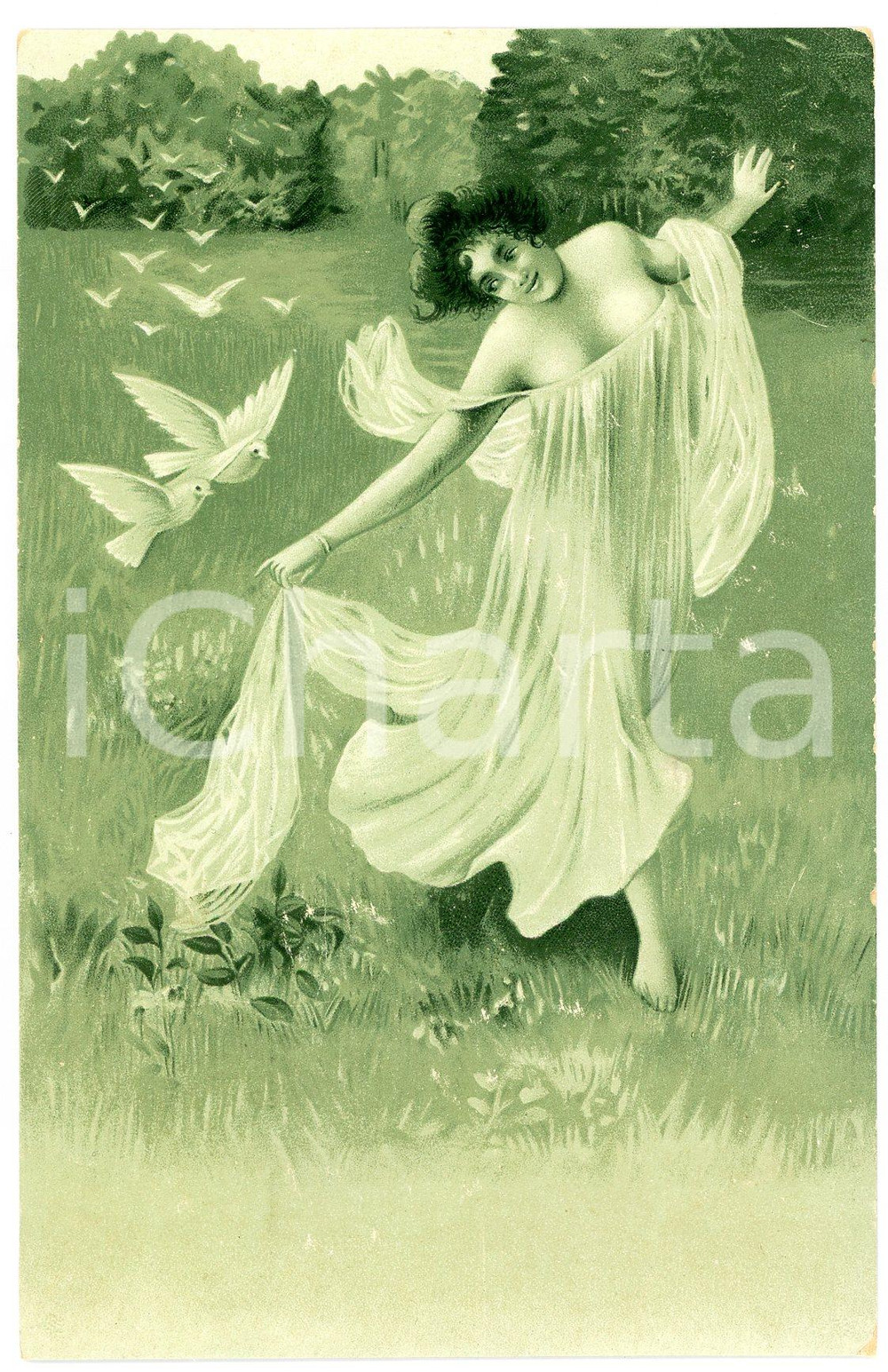 1900 ca Woman dancing on the grass - ILLUSTRATED old postcard green  Cartolina postale d'epoca, non viaggiata.CONDIZIONI: G (minime smussature angolari)FORMATO: FP    originale e autentica 1