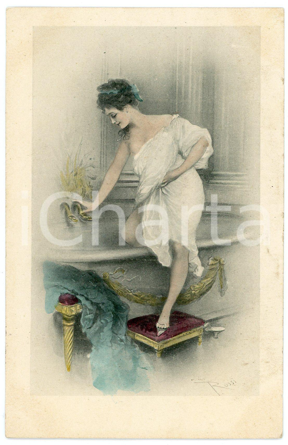 1900 ca Artist Lucius ROSSI - Woman stepping into bathtub - Old postcard Cartolina postale d'epoca, illustrata, non viaggiata.CONDIZIONI: G FORMATO: FP    originale e autentica 1