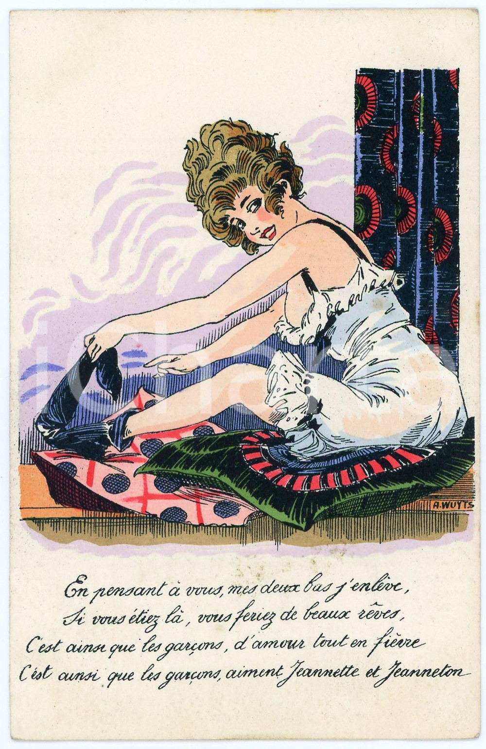 1920 A. WUYTS - Fantaisies Parisiennes - En pensant Ã  vous - Postcard RISQUE  Cartolina postale d'epoca, non viaggiata.Pubblicit&agrave; al verso degli spettacoli del Moulin Rouge.CONDIZIONI: GFORMATO: FP    originale e autentica 1