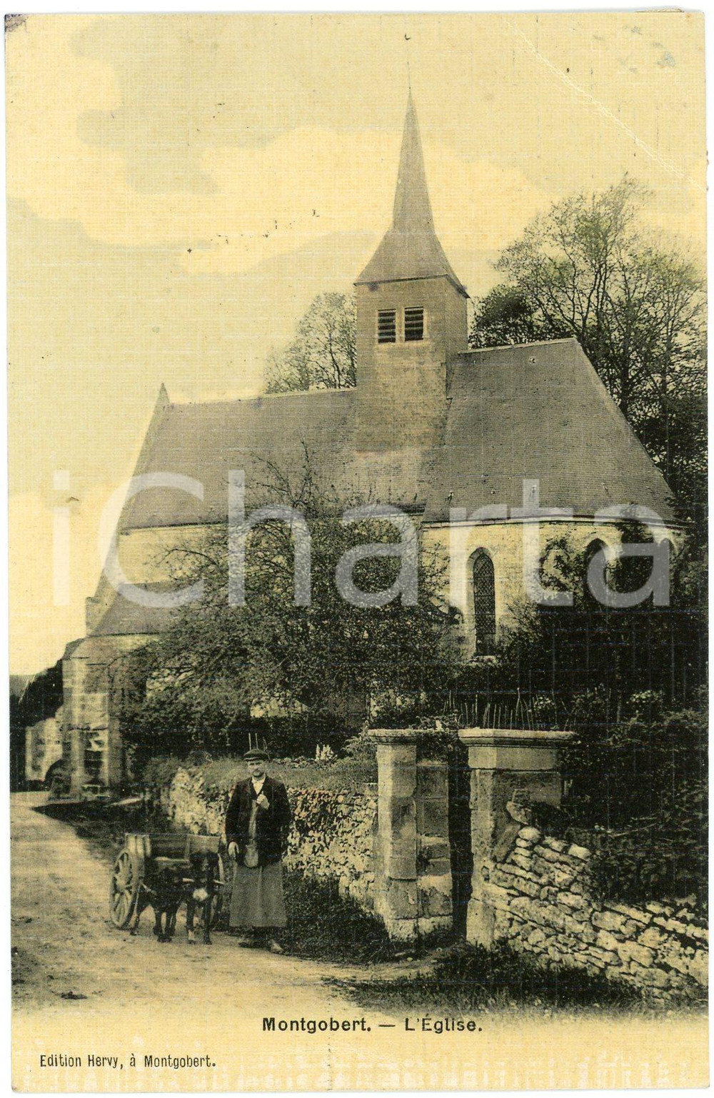 1908 MONTGOBERT (FRANCE) L'Eglise - Carte postale ANIMEE CPA  Cartolina postale d'epoca, viaggiata.CONDIZIONI: G (residui cartacei sul francobollo)FORMATO: FP    originale e autentica 1