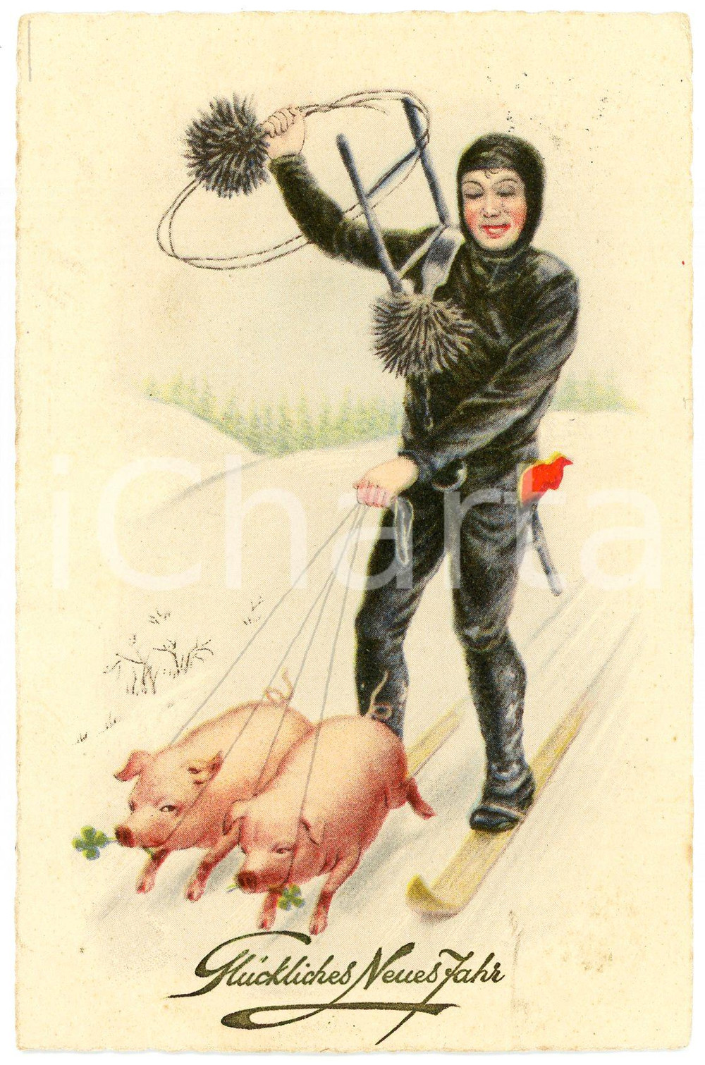 1931 Glückliches Neujahr! - Chimney sweep skiing with two pigs - Postcard PF VG  Cartolina postale d'epoca, viaggiata. FAIR/discreto Lievi smussature agli angoli Formato: FP originale e autentica 1
