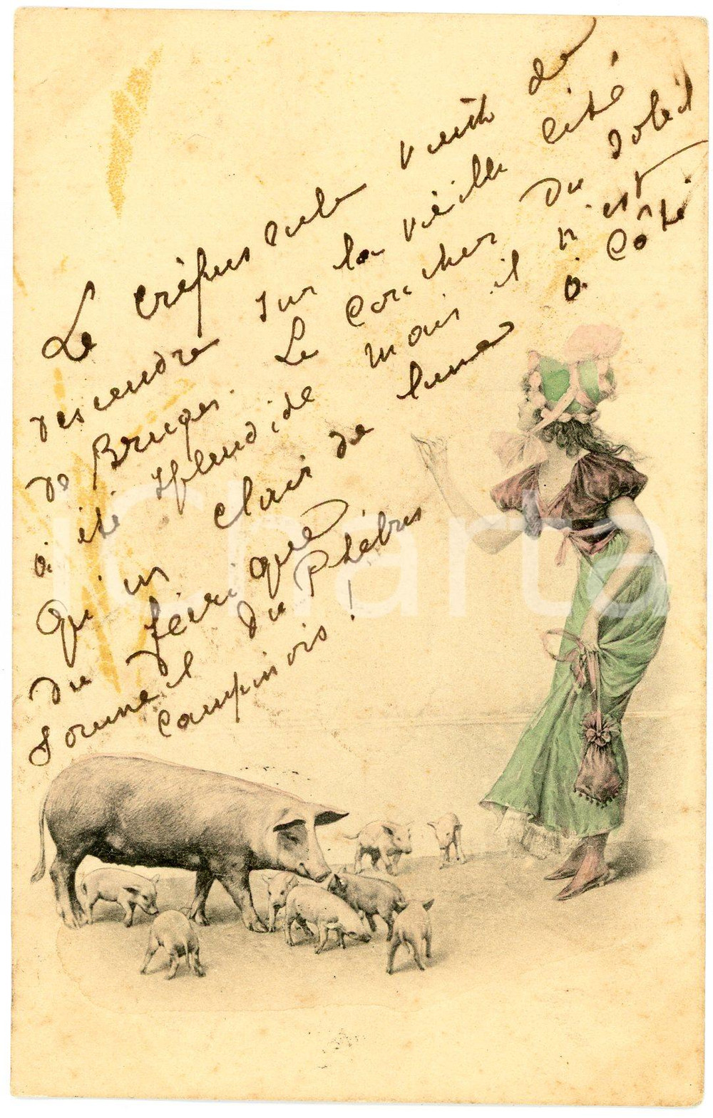 1901 GOOD LUCK - Woman with pigs - French vintage postcard  Cartolina postale d'epoca, viaggiata.CONDIZIONI: GFORMATO: FP    originale e autentica 1