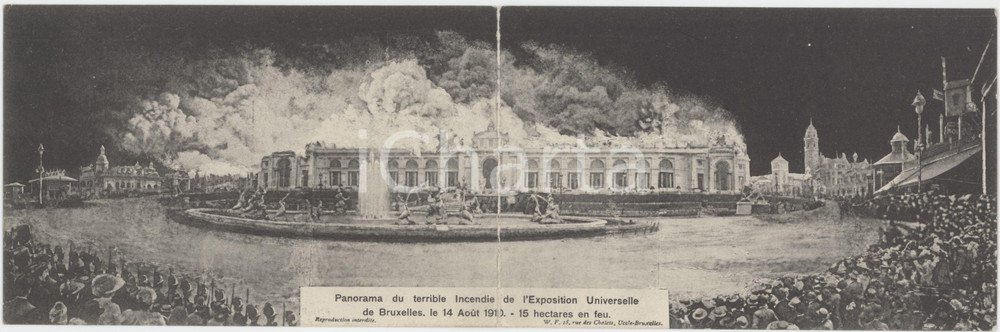 1910 EXPO BRUXELLES Panorama du terrible incendie *Double postcard  Cartolina postale d'epoca, doppia, viaggiata. GOOD/buono  Formato: 14x9 cm originale e autentica 1