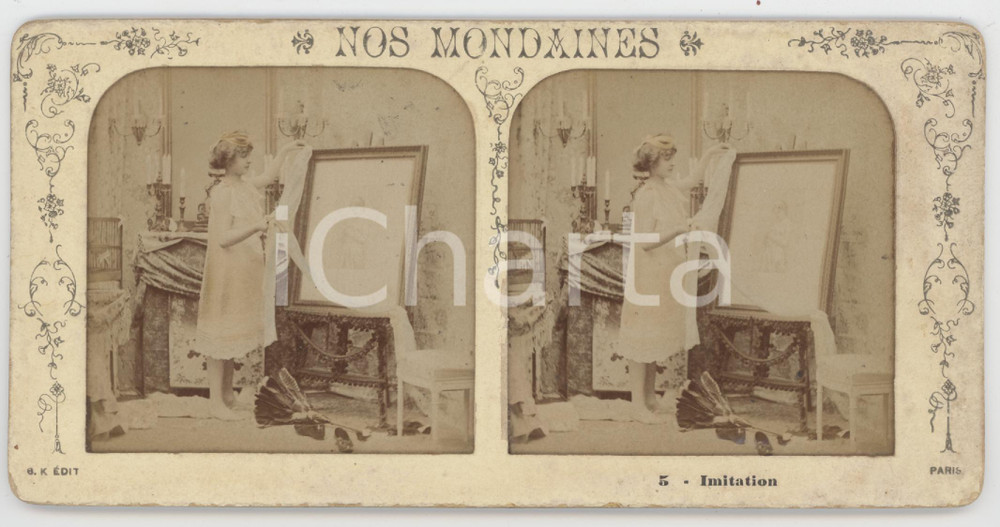 1900 ca VINTAGE EROTIC - PARIS - NOS MONDAINES - Imitation *Stereoview 5 Fotografia stereoscopica d'epoca, su cartoncino morbido.EDITORE:  "Collection E.H. PARIS" - "La Vie Parisienne"  GOOD/buono  Formato: 18x9 cm originale e autentica 1