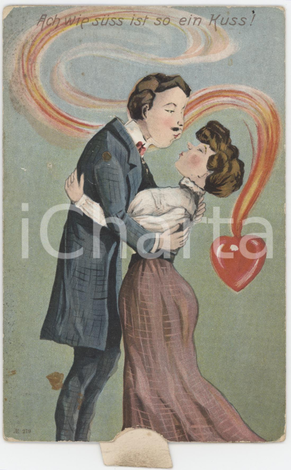 1910 ca GERMANY Couple kissing  - Carte Ã  systÃ¨me  - Cartolina con meccanismo  Cartolina postale d'epoca, non viaggiata, con striscia di cartoncino che consente il movimento della testa del personaggio.  FAIR/discreto fioriture FORMATO: 9x14 cm originale e autentica 1